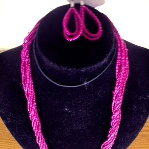 New Magenta Beaded Necklace and Earring Set